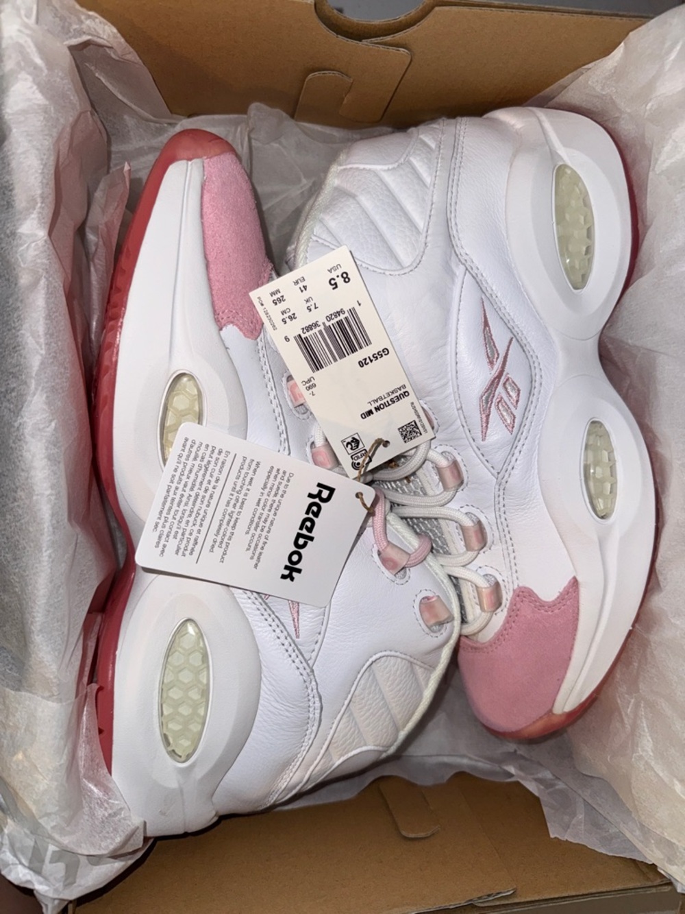 Reebok White and Pink Question Mid Sneakers